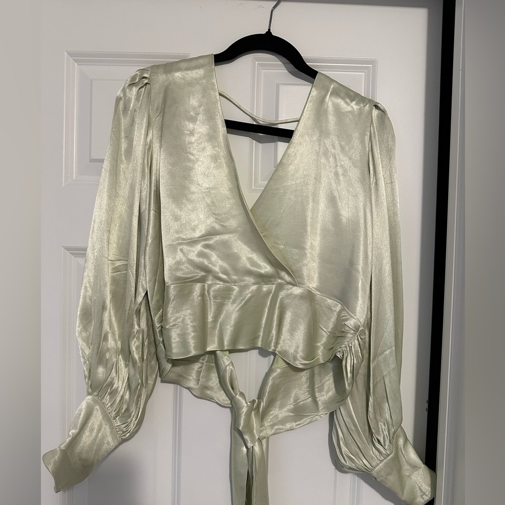 Bardot Satin Wrap Blouse in Green